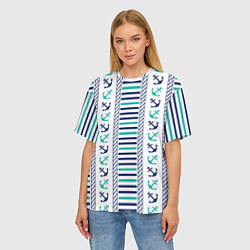 Футболка оверсайз женская Морской орнамент с якорями и полосками, цвет: 3D-принт — фото 2