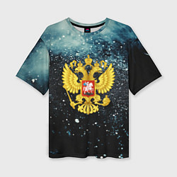 Футболка оверсайз женская Герб России черно-голубой фон, цвет: 3D-принт