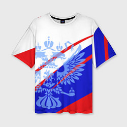 Футболка оверсайз женская Герб на фоне цветов флага бело-сине-красный, цвет: 3D-принт