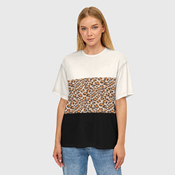 Футболка оверсайз женская Леопардовый паттерн с черной и бежевой полосой, цвет: 3D-принт — фото 2