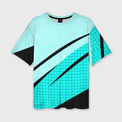 Женская футболка оверсайз Абстрактный чёрно-голубой с полосами