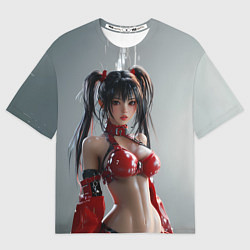 Женская футболка оверсайз Азиатская девушка в красном латексе