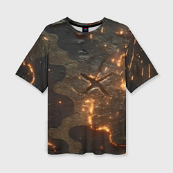 Женская футболка оверсайз Искры в разломах на камуфляже