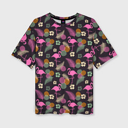 Футболка оверсайз женская Фламинго и листья на темно-синем, цвет: 3D-принт