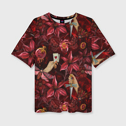 Женская футболка оверсайз Бордовая готика с сердцем, лилиями и мотыльками