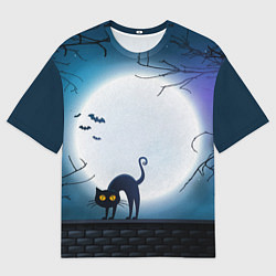 Футболка оверсайз женская Полнолуние и черный кот - жуткий Хэллоуин, цвет: 3D-принт