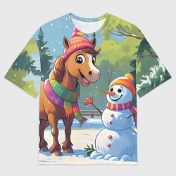 Футболка оверсайз женская Лошадка и снеговик, цвет: 3D-принт