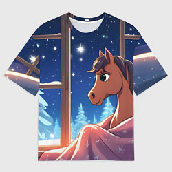Женская футболка оверсайз Лошадка зимней звездной ночью