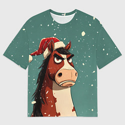 Футболка оверсайз женская Новогодняя лошадь на фоне снегопада, цвет: 3D-принт