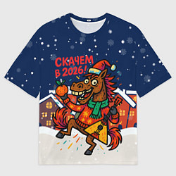 Футболка оверсайз женская Скачем в 2026 - лошадь с балалайкой, цвет: 3D-принт