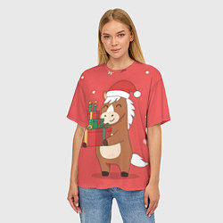 Футболка оверсайз женская Новогодняя лошадка с подарками, цвет: 3D-принт — фото 2