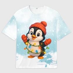 Футболка оверсайз женская Пингвинчик в свете зимних огней, цвет: 3D-принт