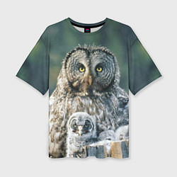 Футболка оверсайз женская Сова с птенцами на пеньке, цвет: 3D-принт