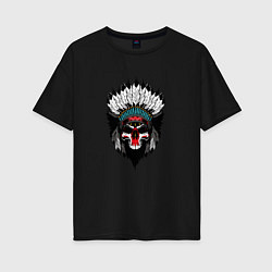 Футболка оверсайз женская Череп индейца в перьях, цвет: черный