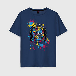 Футболка оверсайз женская Кошка космонавт, цвет: тёмно-синий
