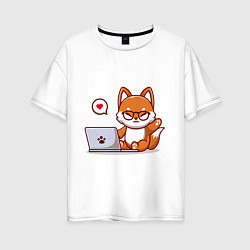 Футболка оверсайз женская Cute fox and laptop, цвет: белый