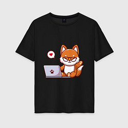 Футболка оверсайз женская Cute fox and laptop, цвет: черный