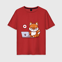 Футболка оверсайз женская Cute fox and laptop, цвет: красный
