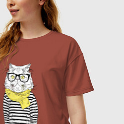 Футболка оверсайз женская Hipster Cat, цвет: кирпичный — фото 2