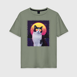 Футболка оверсайз женская Synthwave cat, цвет: авокадо
