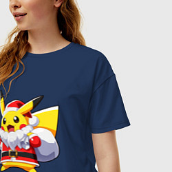Футболка оверсайз женская НОВОГОДНИЙ ПИКАЧУ САНТА КЛАУС, цвет: тёмно-синий — фото 2