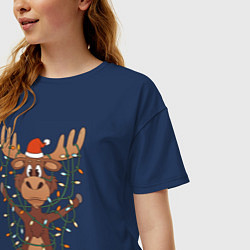 Футболка оверсайз женская НОВОГОДНИЙ ОЛЕНЬ CHRISTMAS DEER, цвет: тёмно-синий — фото 2