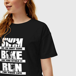 Футболка оверсайз женская Плавай, езди на велосипеде, бегай, цвет: черный — фото 2