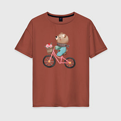 Футболка оверсайз женская Медведь с цветами на велосипеде, цвет: кирпичный