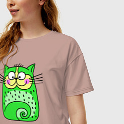 Футболка оверсайз женская Прикольный зеленый кот, цвет: пыльно-розовый — фото 2