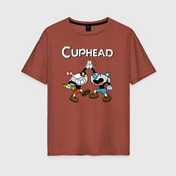 Футболка оверсайз женская Cuphead веселые чашечки, цвет: кирпичный