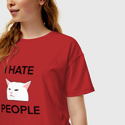 Футболка оверсайз женская I hate people, текст с белым котом, цвет: красный — фото 2