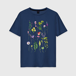 Футболка оверсайз женская Полевые растения цветы ботаника, цвет: тёмно-синий