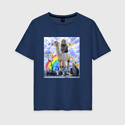 Футболка оверсайз женская Коллаж Коты Ангелы с Ламой Angel Cats with Lama, цвет: тёмно-синий