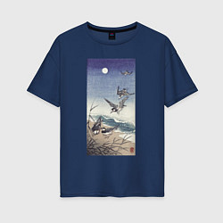 Футболка оверсайз женская Birds at Full Moon Ласточки под луной, цвет: тёмно-синий