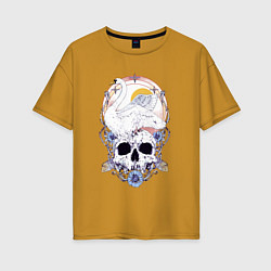 Женская футболка оверсайз Лебедь солнце цветы и череп Герб