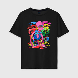 Футболка оверсайз женская Барт Симпсон - крутой скейтер - разноцветные клякс, цвет: черный