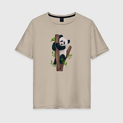 Футболка оверсайз женская Панда висит на дереве, цвет: миндальный