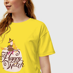 Футболка оверсайз женская Волшебница с котиком на метле Happy Witch, цвет: желтый — фото 2