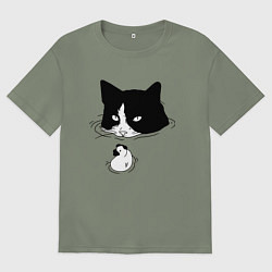 Футболка оверсайз женская Кот сидит в воде и сторожит утёнка, цвет: авокадо