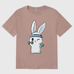 Футболка оверсайз женская Прикольный зайчишка пауэрлифтер, цвет: пыльно-розовый