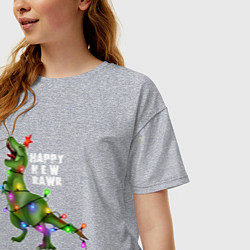 Футболка оверсайз женская Новогодний динозавр елочка гори, цвет: меланж — фото 2