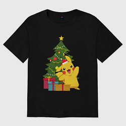 Футболка оверсайз женская Новогодний Пикачу и елка, цвет: черный