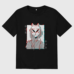 Футболка оверсайз женская Аниме девушка в маске кицунэ, цвет: черный