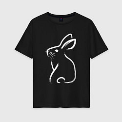 Футболка оверсайз женская Кролик нарисованный японской кистью, цвет: черный