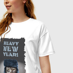 Футболка оверсайз женская Котяра в шапке ушанке, цвет: белый — фото 2