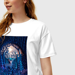 Футболка оверсайз женская Объемная иллюстрация из бумаги лес и олень на сине, цвет: белый — фото 2