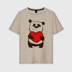 Футболка оверсайз женская Мультяшный милый панда с сердцем, цвет: миндальный