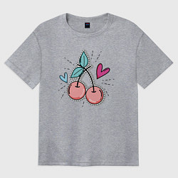 Футболка оверсайз женская Вишня и сердечки, цвет: меланж