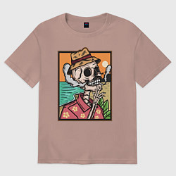 Футболка оверсайз женская Скелет в гавайской рубашке курит сигарету, цвет: пыльно-розовый