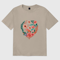Футболка оверсайз женская Цветочное сердце с розами и астрами, цвет: миндальный